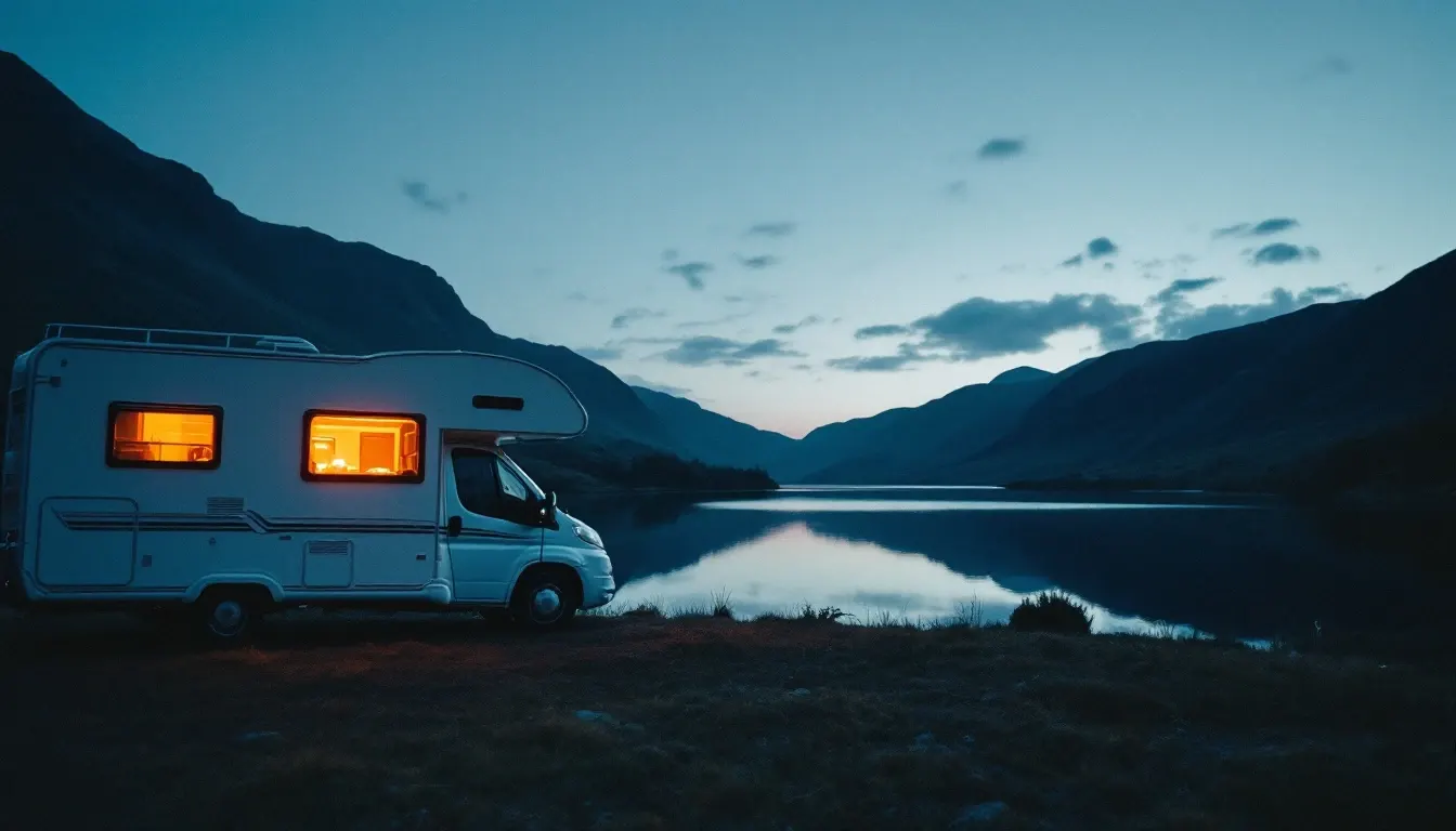 A motorhome pitched beside a still lake at dusk